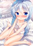  1girl babydoll bangs bare_arms bare_legs bare_shoulders barefoot bed_sheet blue_eyes blue_hair blurry blurry_background blush bow bow_panties breasts chinomaron collarbone depth_of_field frilled_panties frilled_pillow frills gochuumon_wa_usagi_desu_ka? hair_ornament highres kafuu_chino long_hair looking_at_viewer nose_blush own_hands_together panties parted_lips pillow signature sitting small_breasts solo twitter_username underwear underwear_only very_long_hair wariza white_panties x_hair_ornament 
