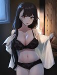  1girl absurdres backlighting bare_shoulders black_bra black_hair black_panties bra breasts cleavage collarbone cowboy_shot dark girls&#039;_frontline groin hair_over_shoulder heterochromia highres indoors lace-trimmed_bra lace_trim large_breasts lix long_hair looking_at_viewer multicolored_hair navel night off_shoulder open_clothes open_mouth open_shirt panties red_eyes reeds ro635_(girls&#039;_frontline) shirt solo stomach streaked_hair string_bra sweatdrop thighs two-tone_hair underwear undressing very_long_hair white_shirt yellow_eyes 