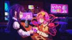  2girls bar bartender black_hairband blue_eyes bottle chair city closed_mouth cup drinking_glass hairband heart highres holding holding_cup indoors jill_stingray komeiji_satori long_hair long_sleeves multiple_girls neon_lights pink_hair purple_eyes purple_hair sakuyanotokusei short_hair signature sitting table touhou va-11_hall-a 