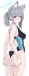  1girl animal_ear_fluff animal_ears ass ass_support bangs berserkert blue_archive blue_eyes blush breasts closed_mouth ear_piercing from_behind grey_hair hair_ornament halo head_tilt highres looking_at_viewer medium_breasts mismatched_pupils one-piece_swimsuit piercing ponytail shiroko_(blue_archive) shiroko_(swimsuit)_(blue_archive) simple_background solo swimsuit white_background x_hair_ornament 
