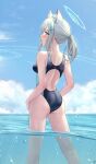  1girl animal_ear_fluff animal_ears ass blue_archive blue_eyes blush breasts competition_swimsuit cross_hair_ornament envyvanity extra_ears grey_hair hair_ornament halo looking_at_viewer medium_breasts medium_hair multicolored_clothes multicolored_swimsuit official_alternate_costume one-piece_swimsuit partially_submerged ponytail shiroko_(blue_archive) shiroko_(swimsuit)_(blue_archive) sky solo swimsuit 
