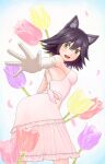  1girl animal_ears asuta_(helck) bare_shoulders black_hair cat_ears dress flower from_behind gloves helck highres looking_at_viewer short_hair smile tulip user_ddfp7238 white_dress white_gloves yellow_eyes 