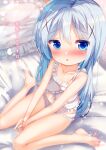  1girl babydoll bangs bare_arms bare_legs bare_shoulders barefoot bed_sheet blue_eyes blue_hair blurry blurry_background blush bow bow_panties breasts chinomaron collarbone commentary_request depth_of_field frilled_panties frilled_pillow frills gochuumon_wa_usagi_desu_ka? hair_ornament highres kafuu_chino long_hair looking_at_viewer nose_blush own_hands_together panties parted_lips pillow signature sitting small_breasts solo translation_request twitter_username underwear underwear_only very_long_hair wariza white_panties x_hair_ornament 