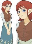  1girl anju blue_eyes blue_skirt brown_vest collarbone eyelashes highres looking_at_viewer medium_hair own_hands_together pantsu-ripper pointy_ears red_hair simple_background skirt smile solo the_legend_of_zelda the_legend_of_zelda:_ocarina_of_time vest 