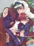  2boys bangs blush boku_no_hero_academia burn_scar cape cat closed_eyes flower fur_trim gloves goggles goggles_on_head hat hydrangea looking_at_another male_focus multicolored_hair multiple_boys orenjimaru rain red_hair scar scar_on_face shirt short_hair smile split-color_hair todoroki_shouto two-tone_hair very_short_hair white_hair yaoi yoarashi_inasa 