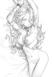  1girl absurdres arms_up chain chain_leash greyscale hair_between_eyes highres leash leon_v long_hair looking_at_viewer lying monochrome navel nude on_side open_mouth original sketch solo 