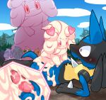  alcremie being_watched bodily_fluids dominant dominant_female duo female group hi_res kageyama looking_at_another looking_pleasured lucario male messy nintendo pok&eacute;mon pok&eacute;mon_(species) public smile surprise sweat video_games 
