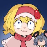  2girls alice_margatroid animal_ears anya&#039;s_heh_face_(meme) bangs blonde_hair blue_background blue_eyes blush capelet constricted_pupils cookie_(touhou) food-themed_hair_ornament gradient gradient_background gram_9 grey_hair grin hair_ornament hairband ichigo_(cookie) looking_at_viewer meme mouse_ears multiple_girls nazrin nyon_(cookie) open_mouth pink_scarf red_hairband scarf short_hair smile spy_x_family strawberry_hair_ornament touhou upper_body white_capelet 