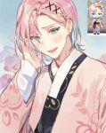  1boy bishounen blue_eyes blue_hair blush colored_tips earrings hair_ornament hairclip hanbok head_tilt jewelry korean_clothes kuzuvine long_sleeves looking_at_viewer male_focus multicolored_hair open_mouth pink_hair saibai_shounen short_hair solo stud_earrings sweet_(saibai_shounen) 