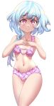  1girl absurdres blue_hair blush bra breasts cjhomics cowboy_shot frilled_bra frilled_panties frills gradient_hair groin hands_on_own_chest hands_up heart heart_o-ring heart_print highres hip_focus lingerie looking_at_viewer medium_hair midriff multicolored_hair navel neptune_(series) no_wings o-ring o-ring_top panties pink_bra pink_eyes pink_panties short_hair_with_long_locks side_ponytail small_breasts smile solo standing thighs underwear underwear_only white_sister_rom 