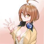  1girl absurdres ahoge assault_lily bangs blush breasts brown_cardigan brown_hair cardigan closed_mouth collarbone commentary_request crossed_bangs fingernails gradient gradient_background hair_between_eyes hand_up headphones headphones_around_neck highres kawamura_yuzuriha long_sleeves looking_at_viewer medium_breasts no_bra open_hand partially_unbuttoned red_background sasaki33916 shirt short_hair smile solo upper_body white_background white_shirt yellow_eyes 