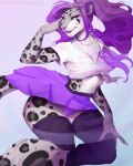  2022 4:5 5_fingers absurd_res anthro bottomwear breasts clothed clothing digital_media_(artwork) felid female fingers hair hi_res leopard looking_at_viewer mammal open_mouth pantherine purple_eyes purple_hair simple_background skirt smile snow_leopard solo teeth tongue vexstacy 