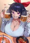  1girl absurdres alcohol bangs beer beer_mug blue_hair breasts cleavage close-up cup enta_(nia) face food grin highres holding holding_cup huge_breasts looking_at_viewer mug nia_(nia4294) open_mouth original purple_eyes short_hair smile solo table teeth upper_body 