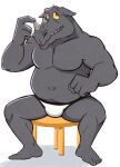  anthro barefoot bikini_briefs black_seam_briefs black_seam_underwear briefs clothed clothing feet furniture grey_body grey_scales hand_on_horn horn male mammal musclegut navel open_mouth rhinocerotoid rocksteady scales shadow simple_background sitting solo stool teeth_showing thegreatmatsutzu tongue_showing topless underwear white_background white_bikini_briefs white_briefs yellow_sclera 