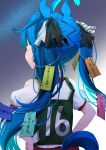  1girl ahoge animal_ears blue_hair from_behind hands_on_hips highres horse_ears horse_girl horse_tail long_hair race_bib shirt short_sleeves solo star_(sky) tail tanabata tanzaku toa510 twin_turbo_(umamusume) twintails umamusume upper_body white_shirt 