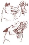  canid canine clothed clothing comic digital_media_(artwork) duo feral fur hair hi_res human lemondeer male male/male mammal monochrome monster mordecai_(lemondeer) noah_(downthehatch) open_mouth oral_vore simple_background size_difference soft_vore tongue vore whiskers 