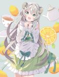  1girl :d apron bangs bare_shoulders bow commentary cup curled_horns dress food frilled_apron frilled_dress frills fruit green_bow green_dress green_eyes grey_background grey_hair hair_between_eyes hands_up head_tilt highres horns lemon lemon_slice long_hair long_sleeves looking_at_viewer original own_hands_together puffy_long_sleeves puffy_sleeves saucer sleeves_past_wrists smile solo symbol-only_commentary tantan_men_(dragon) tea teacup teapot very_long_hair waist_apron white_apron 