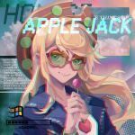  1girl alice_xjy applejack blonde_hair bracelet candy character_name cloud english_text food glasses green_eyes hat highres holding holding_candy holding_food holding_lollipop jewelry lollipop looking_at_viewer my_little_pony my_little_pony_equestria_girls sidelocks sky smile solo 