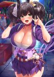  animal_ears bangs blush breasts brown_hair cleavage collarbone fox_mask fox_shadow_puppet green_eyes horse_ears horse_girl horse_tail inari_one_(umamusume) japanese_clothes kawai_(purplrpouni) kimono large_breasts long_hair looking_at_viewer mask mask_on_head open_mouth smile solo_focus tail tamamo_cross_(umamusume) thighs umamusume white_hair 