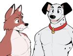  anthro big_eyes canid canine canis collar dalmatian domestic_dog duo fox group hi_res jrjresq male mammal pecs smile whiskers 