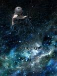  1girl artist_name bare_arms bare_shoulders closed_eyes closed_mouth commentary dress fantasy galaxy grey_hair highres knee_up milky_way nixeu original scenery sitting sky solo sparkle star_(sky) starry_sky 