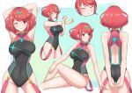  1girl absurdres bangs black_swimsuit breasts chest_jewel competition_swimsuit headpiece highres large_breasts one-piece_swimsuit pyra_(pro_swimmer)_(xenoblade) pyra_(xenoblade) red_eyes red_hair red_swimsuit ribbed_swimsuit ryochan96154 short_hair solo strapless strapless_swimsuit stretch striped striped_swimsuit swept_bangs swimsuit tiara two-tone_swimsuit vertical-striped_swimsuit vertical_stripes xenoblade_chronicles_(series) xenoblade_chronicles_2 