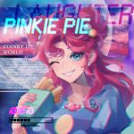  1girl alice_xjy blue_eyes character_name cloud english_text eyelashes fingernails food hair_between_eyes highres holding looking_at_viewer my_little_pony my_little_pony_equestria_girls nail_polish one_eye_closed pink_hair pinkie_pie smile solo teeth 