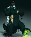  aggrobadger anthro biceps big_muscles body_size_growth clothing cracked_ground cracks crush featureless_crotch front_view glowing godzilla godzilla_(series) growth hi_res human_to_anthro macro male mid_transformation muscular muscular_male scalie size_transformation solo species_transformation standing tail_growth toho torn_clothing transformation 