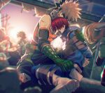  2others 3boys bakugou_katsuki bare_shoulders blood blood_on_face blurry boku_no_hero_academia boots bound burn_scar closed_eyes depth_of_field destruction duct_tape dutch_angle explosive gag gloves green_gloves grenade hand_on_another&#039;s_shoulder heterochromia highres holding holding_rope improvised_gag injury knee_pads lens_flare male_focus midoriya_izuku multicolored_hair multiple_boys multiple_others red_hair rope rumos_115 scar scar_on_face split-color_hair tape tape_bondage tape_gag todoroki_shouto torn_clothes two-tone_hair white_footwear white_hair 