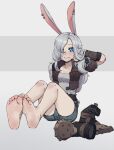  absurdres animal_ears arm_wrap armor barefoot belt blue_eyes boots boots_removed breasts cleavage commentary cropped_jacket earrings english_commentary feet fingerless_gloves gloves grey_hair highres jarael_(rayer) jewelry k-rha&#039;s knees legs original rabbit_ears rabbit_girl rabbit_tail shorts shoulder_armor soles sweatdrop tail tank_top toes 
