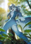  2022 absurd_res anthro aria_(blastdav) blue_body blue_fur blue_hair breasts butt canid canine canis claws day detailed_background digital_media_(artwork) female finger_claws fur genitals hair hi_res light lighting looking_at_viewer low-angle_view mammal multicolored_body multicolored_fur open_mouth open_smile outside plant pussy smile solo two_tone_body two_tone_fur wayn_animation white_body white_fur wolf 