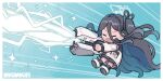  1girl absurdly_long_hair arisu_(blue_archive) beam blue_archive blue_background chibi closed_eyes dark_blue_hair hair_between_eyes halo highres jacket koru_koruno long_hair open_mouth railgun recoil solo very_long_hair white_jacket 