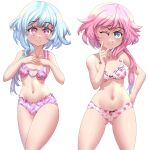  2girls ;) absurdres ass_visible_through_thighs blue_eyes blue_hair blush bra breasts cjhomics cowboy_shot english_commentary finger_to_eye finger_to_own_chin frilled_bra frilled_panties frills gradient_hair groin hand_on_hip hand_up hands_on_own_chest hands_up heart heart_o-ring heart_print highres hip_focus legs_apart lingerie looking_at_viewer medium_hair midriff multicolored_hair multiple_girls musical_note musical_note_print navel neptune_(series) no_wings o-ring o-ring_top one_eye_closed panties pink_bra pink_eyes pink_hair pink_panties short_hair_with_long_locks siblings side_ponytail sisters small_breasts smile standing thighs twins underwear underwear_only white_bra white_panties white_sister_ram white_sister_rom 