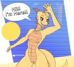  absurd_res anthro blue_eyes blush breasts dododragon56 female flat_colors genitals hi_res jewelry kobold motion_lines nails necklace nipples nude pussy reptile scales scalie simple_background smile solo text yellow_body 