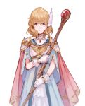  1girl armor bangs banned_artist blonde_hair blue_dress blue_eyes breastplate cape commentary cowboy_shot dress english_commentary fire_emblem fire_emblem:_genealogy_of_the_holy_war gloves holding holding_staff jewelry llicornia looking_at_viewer nanna_(fire_emblem) necklace pauldrons pink_cape short_hair shoulder_armor simple_background smile solo staff standing white_background white_gloves wing_hair_ornament 