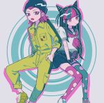  1boy 1girl :o asymmetrical_legwear bangs black_hair black_scrunchie blue_hair braid commentary_request danganronpa_(series) danganronpa_2:_goodbye_despair green_background green_hair grey_background hair_horns highres long_hair long_sleeves medium_hair mioda_ibuki mismatched_legwear mouth_piercing multicolored_hair open_mouth own_hands_together pants piercing pink_eyes pink_hair pisapipi pouty_lips school_uniform scrunchie serafuku souda_kazuichi striped striped_background teeth thighhighs torn_clothes torn_legwear upper_teeth white_hair wrist_scrunchie 