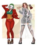  2girls absurdres american_psycho axe barley_juice bishoujo_terror black_bra black_jacket black_skirt blood blood_on_clothes blood_on_face bra bra_visible_through_clothes breasts brown_hair cleavage clown concept_art dress_shirt english_commentary formal garter_belt garter_straps genderswap genderswap_(mtf) green_eyes green_hair green_shirt high_heels highres jacket joker_(2019) joker_(dc) kotobukiya kotobukiya_bishoujo multiple_girls office_lady patrick_bateman pencil_skirt pinky_out red_jacket shirt skirt underwear vest weapon white_shirt yellow_vest 