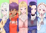  5girls akino_sayuri asuka_(dosanko_gyaru_wa_namaramenkoi) black_choker blonde_hair blue_vest blush breasts cardigan choker collarbone collared_shirt column_lineup dark-skinned_female dark_skin dosanko_gyaru_wa_namaramenkoi fuyuki_minami glasses grey_vest hair_intakes highres hina_(dosanko_gyaru_wa_namaramenkoi) ikada_kai jewelry large_breasts long_hair looking_at_viewer medium_breasts multiple_girls natsukawa_rena necklace official_art pink_cardigan pink_hair puckered_lips purple_eyes purple_hair round_eyewear school_uniform sharp_teeth shirt short_hair teeth v v-shaped_eyebrows vest white_shirt 