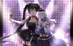 2girls absurdres azur_lane black_hair breasts cleavage commission crossover english_commentary fire_emblem fire_emblem:_three_houses garter_straps hair_between_eyes hat highres idol large_breasts long_hair lysithea_von_ordelia microphone microphone_stand multiple_girls official_alternate_costume older red_eyes stage taihou_(azur_lane) taihou_(muse)_(azur_lane) thighhighs twintails ventoargento voice_actor_connection white_hair yuuki_aoi 