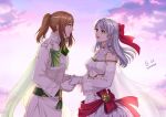  2girls autumn-sacura bangs bare_shoulders breasts bridal_veil bride brown_eyes brown_hair cloud cloudy_sky commission dawn detached_sleeves dress fire_emblem fire_emblem:_radiant_dawn fire_emblem_heroes gloves grey_hair hair_ribbon half_updo holding_hands kiran_(fire_emblem) long_hair long_sleeves looking_at_another medium_breasts micaiah_(fire_emblem) multiple_girls official_alternate_costume ponytail ribbon sky smile tuxedo upper_body veil wedding_dress white_dress white_gloves yellow_eyes 