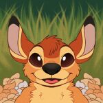  1:1 2022 alien bambi_(film) black_nose brown_body brown_eyes brown_fur disney experiment_(lilo_and_stitch) fan_character flower front_view fur grainy grass head_tuft lilo_and_stitch looking_at_viewer open_mouth open_smile plant smile smiling_at_viewer solo stambi thepyrokitty tuft 
