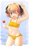  1girl bikini black_ribbon blue_eyes breasts brown_hair candy contrapposto cowboy_shot food hachijou_(kancolle) hair_ribbon kantai_collection lollipop one-hour_drawing_challenge one_eye_closed ray.s ribbon short_hair small_breasts smile solo swimsuit v yellow_bikini 