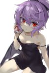  1girl akisome_hatsuka alternate_costume bangs bat_wings black_dress black_wings breasts can cleavage closed_mouth dress holding holding_can light_purple_hair looking_at_viewer pointy_ears ponytail red_eyes remilia_scarlet short_hair simple_background sitting small_breasts solo touhou white_background wings 