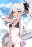  1girl bikini black_bikini blue_archive breasts cloud cloudy_sky collarbone commentary_request flower grey_hair grin hair_flower hair_ornament halo highres holding long_hair looking_at_viewer mr.zhuo mutsuki_(blue_archive) navel pointy_ears purple_eyes side_ponytail sky small_breasts smile solo swimsuit very_long_hair water_balloon wet 