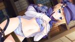  1girl bangs baseball_cap blonde_hair blue_bra blue_eyes blue_panties blush book bookshelf bra breasts camus_holmes capelet cleavage clothes_lift cowboy_shot dutch_angle female_masturbation frilled_panties frills game_cg groin hair_between_eyes hat masturbation midriff navel open_mouth panties plaid_capelet purple_capelet purple_headwear senkou_no_clarias shirt shirt_lift short_hair small_breasts solo standing stomach suzuhira_hiro sweatdrop underwear white_shirt 