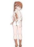 1girl ass closed_eyes from_behind fundoshi happi hatching_(texture) japanese_clothes kneepits linear_hatching looking_at_viewer original over_shoulder petite ponsuke_(pon00000) ponytail sepia smile socks solo standing sweat tan tanlines white_background 
