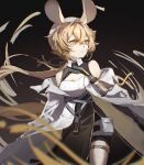  1girl animal_ears arknights bangs black_background black_shorts blonde_hair breasts cowboy_shot crossed_bangs dorothy_(arknights) ear_tag hair_between_eyes highres jacket long_hair looking_afar mouse_ears off_shoulder open_clothes open_jacket shirt shorts simple_background small_breasts solo thigh_pouch thigh_strap weilebolunxierderongyao403 white_headwear white_jacket white_shirt yellow_eyes 