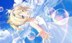  1girl :d bangs bare_arms bare_shoulders blonde_hair blue_eyes blue_sky blush bubble cloud day dress dutch_angle hair_ribbon hana_mori highres hololive kazama_iroha looking_at_viewer looking_to_the_side outstretched_arms ponytail ribbon short_hair sky smile solo sundress virtual_youtuber white_dress 