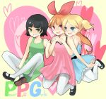  3girls artist_request bangs belt black_hair blonde_hair blossom_(ppg) bow bubbles_(ppg) buttercup_(ppg) child dress from_side green_eyes heart long_hair looking_at_viewer multiple_girls non-web_source open_mouth pink_eyes powerpuff_girls short_hair sleeveless sleeveless_dress smile socks source_request twintails 