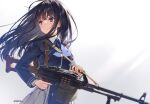  1girl backpack bag black_hair blue_dress blue_ribbon blurry blurry_foreground blush commentary depth_of_field dress expressionless eyebrows_behind_hair floating_hair gun highres holding holding_gun holding_weapon inoue_takina long_hair looking_away looking_to_the_side lycoris_recoil machine_gun mmu neck_ribbon official_art pk_machine_gun pkm purple_eyes ribbon signature simple_background solo trigger_discipline upper_body weapon white_background 